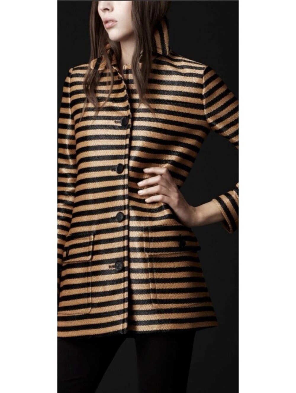 BURBERRY PRORSUM Striped Woven Raffia Coat Size: 44 Black /cream New